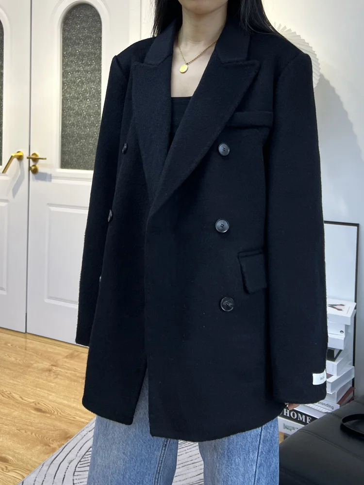 ダブルブレスト長袖ウールコート女性ファッション冬ハイエンド両面100％ウールコートショートソフトラペル
