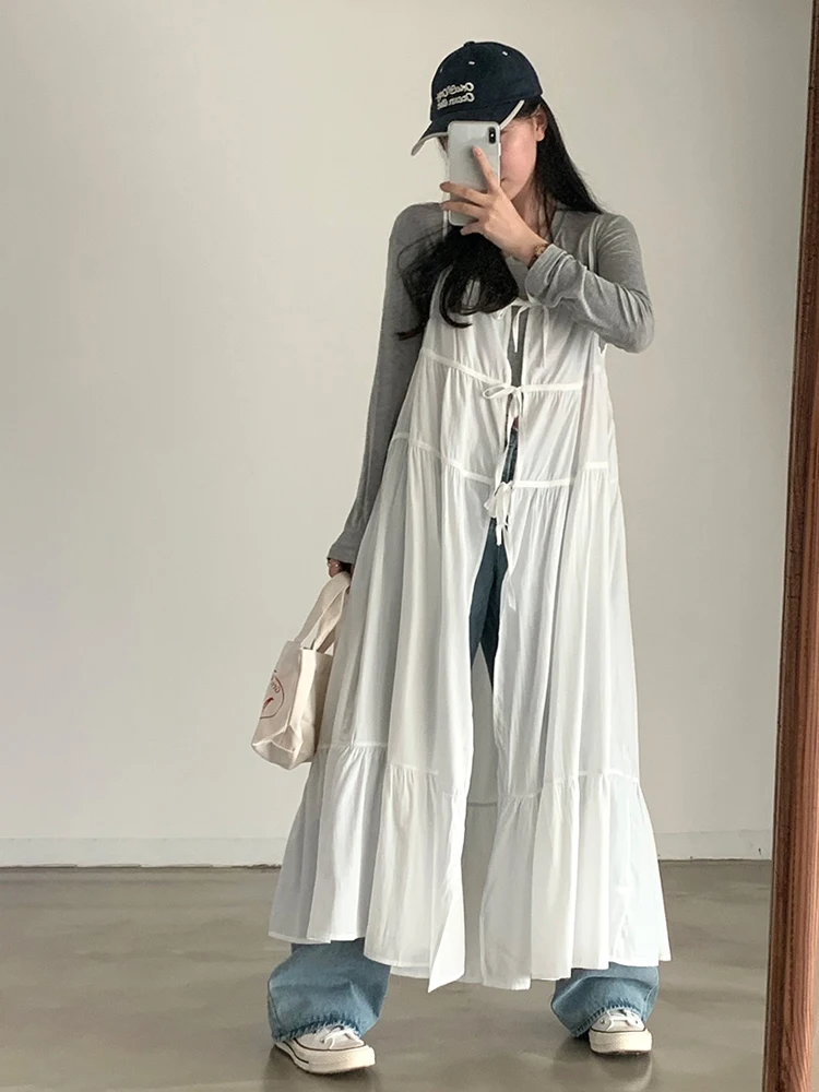 Vestido de Verão F 2024 Novo Estilo Frente e Costas com Laço Borboleta, Cinto, Crimento Midi, Alças em Camadas, Est...