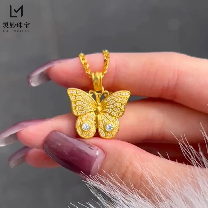 The same new model in the gold store, ancient 24K real gold moissanite diamond butterfly pendant necklace for women 9999 inlaid