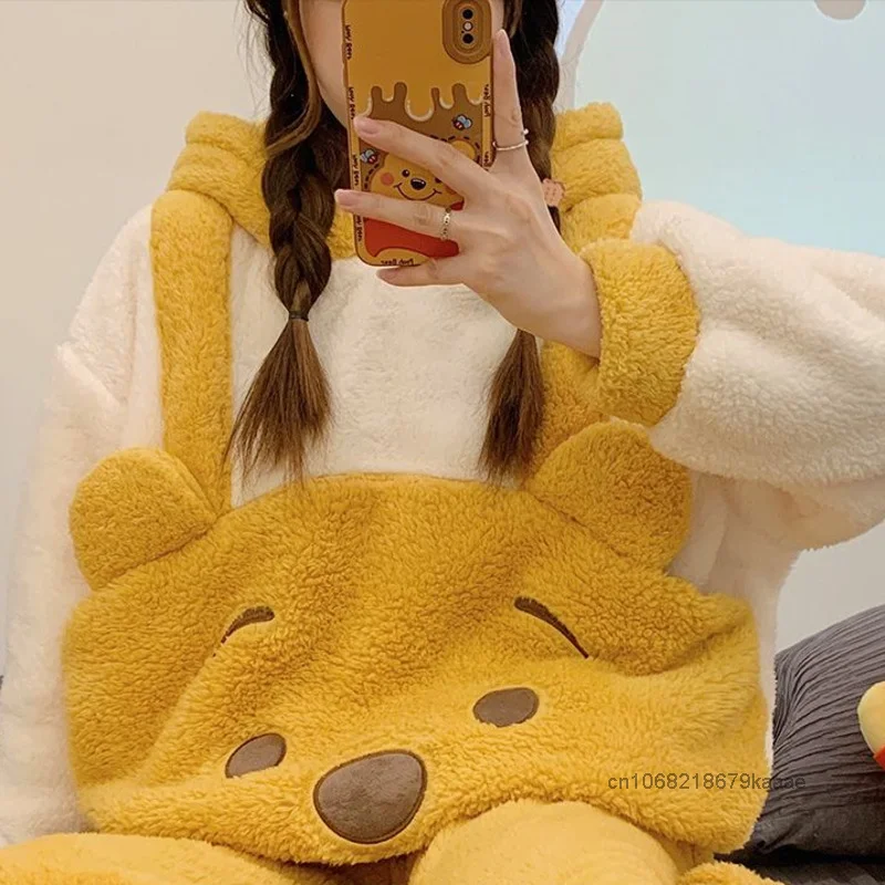 Disney Winnie The Pooh Women Winter Coral Fleece Sleepwear Cute Design Thicken Warm Pajamas Sweet Soft Y2k Girl New Home Clothes