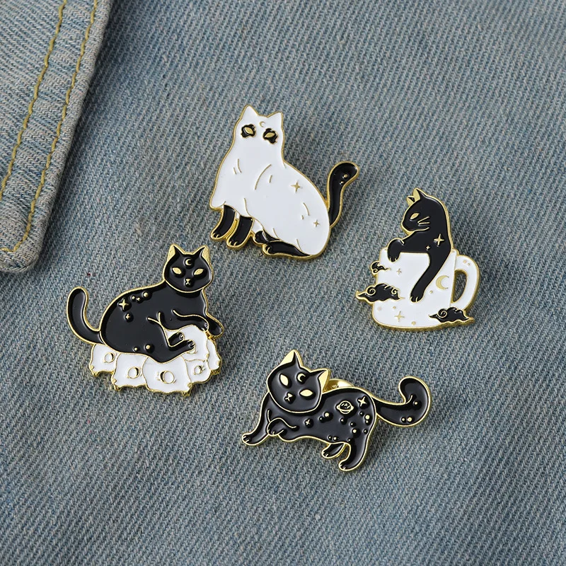 Cat Brooch Black Cat Brooch Halloween Wizard Hat Couple Cat Sun Moon Cat Brooch Black White Cat Alloy Enamel Badge Lapel Pins