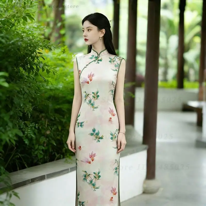 Elegant Long Sleeveless Printed Modified Qipao Vintage Jiangnan Intellectual Style Traditional Chinese Slim Daily Dress