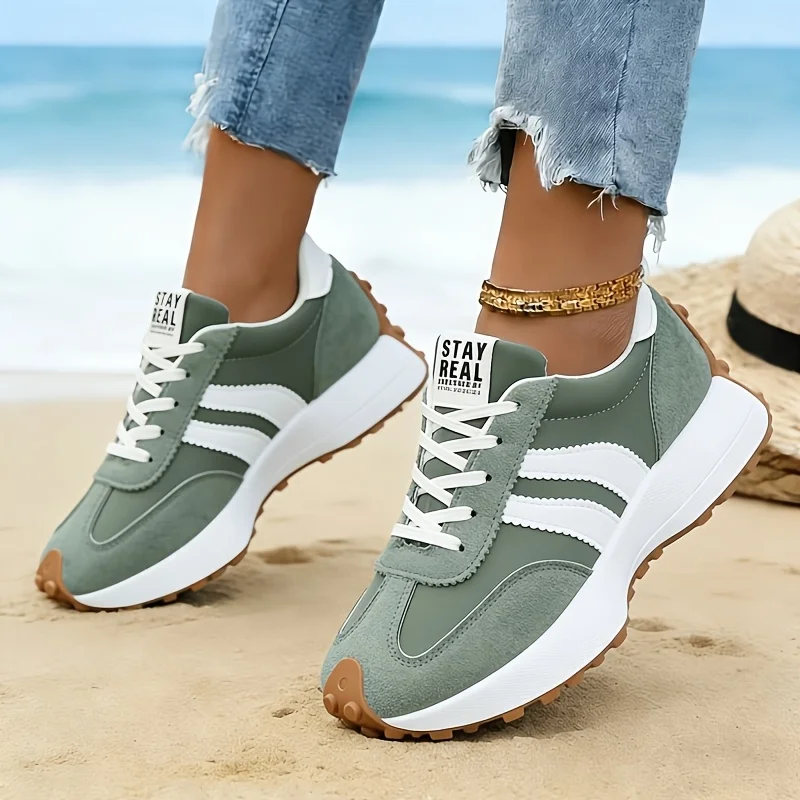 Women Retro Stripe Platform Sneakers Vintage Suede Lace Up Casual Shoes Thick Sole Non Slip Walking Trainers Fashion All Match Multicolor Ladies Daily Outdoor Daily Wear All Seasons Comfortable Soft Sole Retro Athletic Sports Footwear Daily Travel Walking