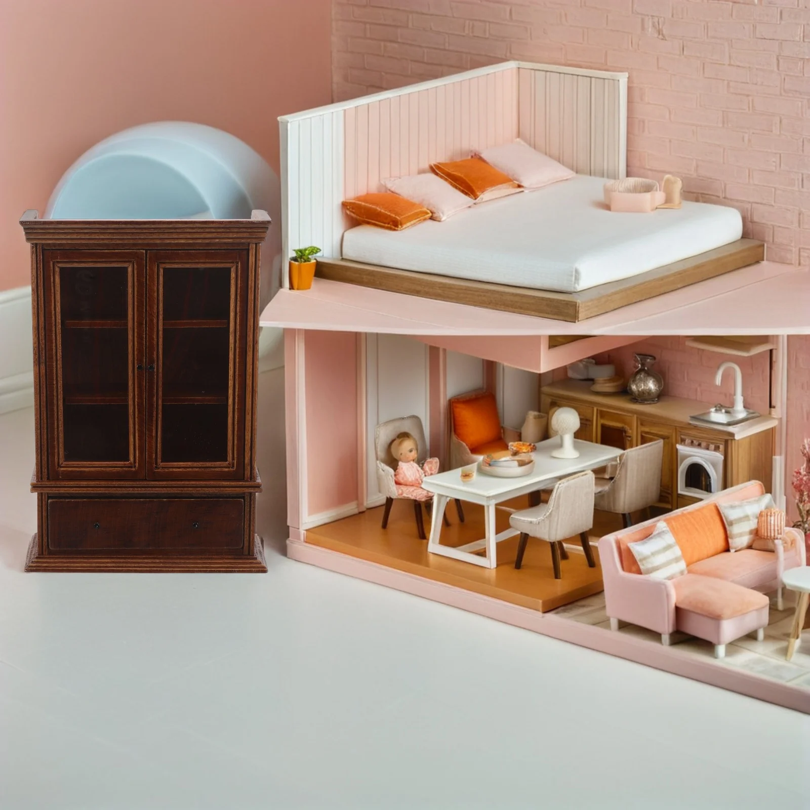ตู้เก็บของขนาด 1:12 สำหรับบ้านตุ๊กตา ทำจากไม้ รุ่นมินิเอเจอร์ สีน้ำตาลเกาลัด เหมาะสำหรับห้องนั่งเล่น ใช้เป็นเฟอร์นิเจอร์ตกแต่ง
