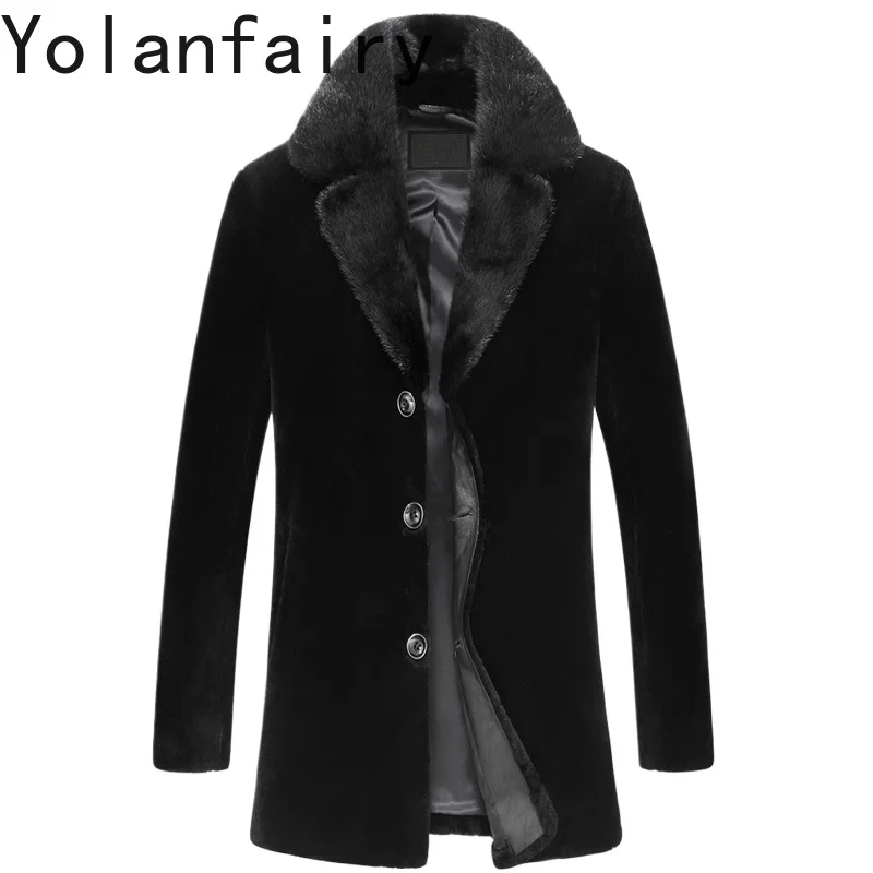 YOLANFAIRY Natural Fur Coat Wool Men 's Clothing Autumn Winter Long Trench Coats Mink Collar Jackets Fashion Clothes New