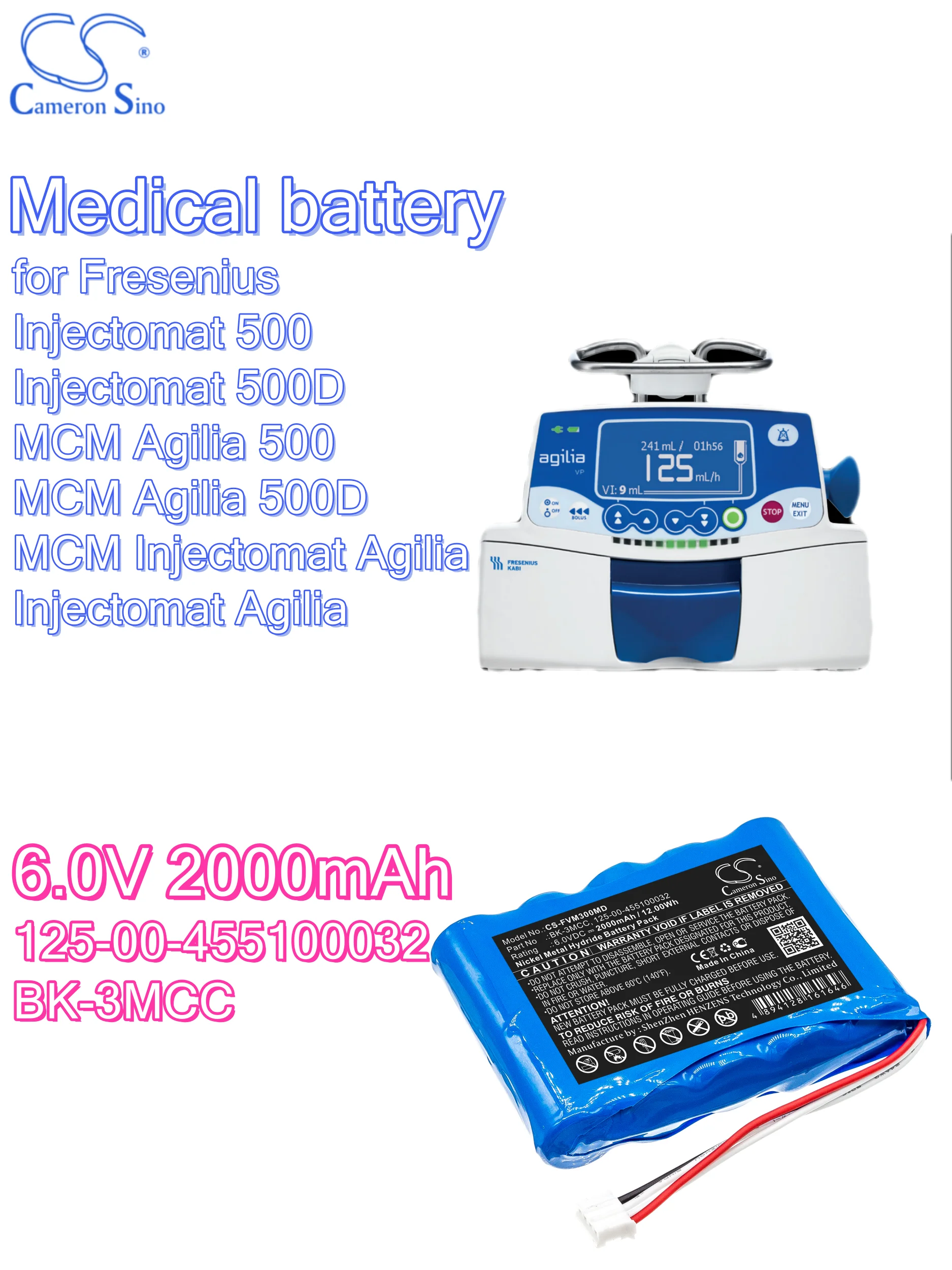 

battery Cameron Sino Medical 6V 2000mAh for Fresenius Injectomat 500 Injectomat 500D MCM Agilia 500 MCM Agilia 500D MCM