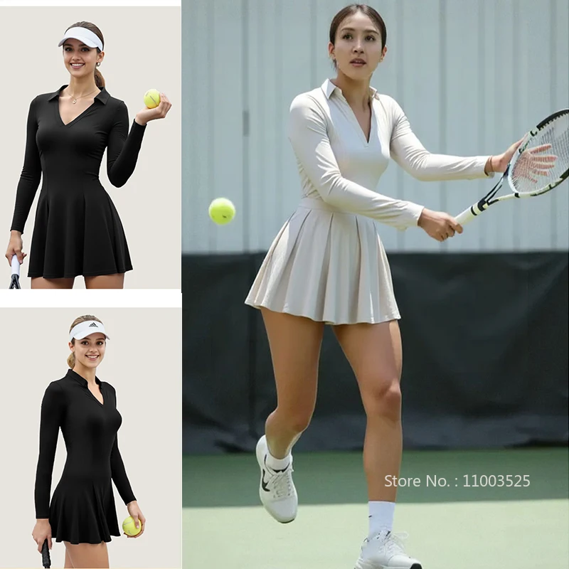 

Womens V-Neck Polo Tennis Dress Long Sleeve Autumn Slim Skirt Built in Shorts Ladies Golf Athletic Dress Workout Rompers