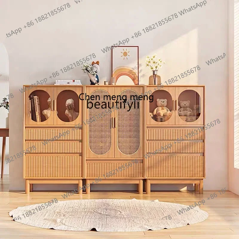 

FNordic solid wood rattan high cabinet, living room glass storage locker Japanese simple bookcase R