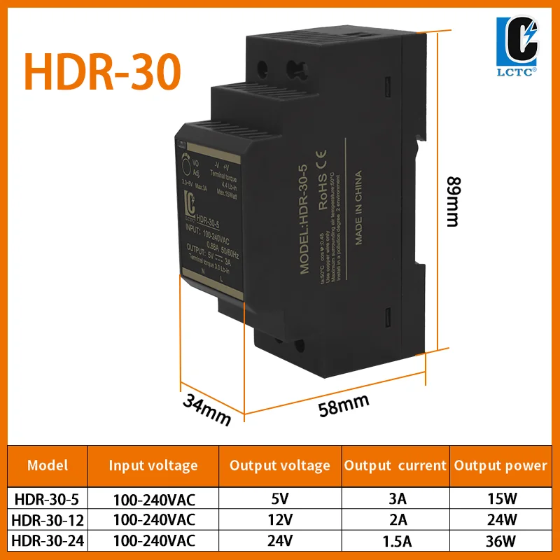 Schaltnetzteil 5 V/12 V/24 V/48 V DIN-Schienen-Netzteil AC zu DC HDR-15/30/60/100/150 W LED-DC-Schaltnetzteil