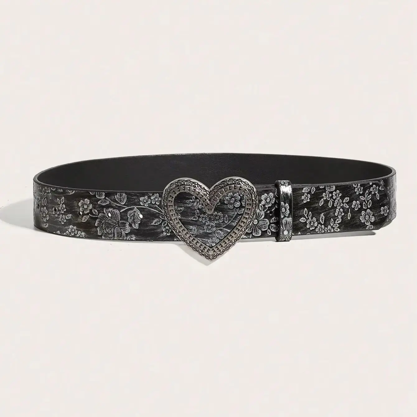 1pc women's American vintage black heart-engraved buckle belt, embossed versatile belt for jeans and skirts