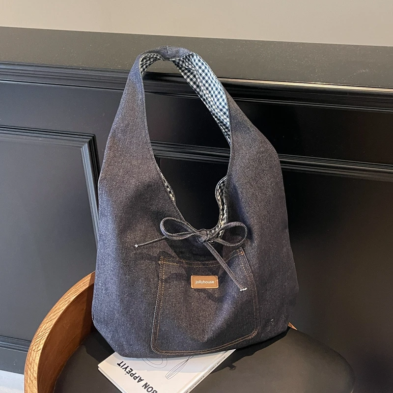 

Casual Double-sided Denim Shoulder Bags Large Capacity Simple Retro Grid Fashionable High Quality Tote Bags for Women 2025 New