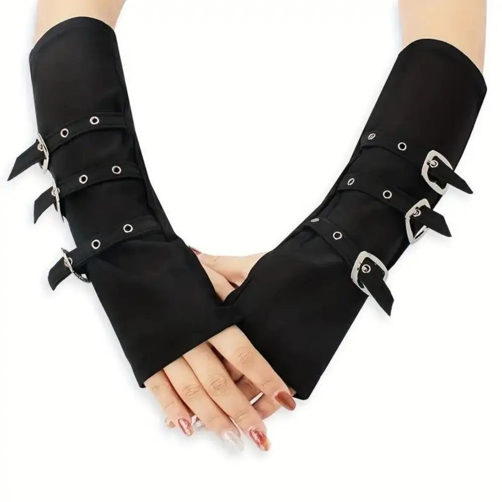 Black Fingerless Gloves Buckle Design Exaggerated Metal Button Gloves Hip Hop Party Gothic Street Dance Gloves For Women Men