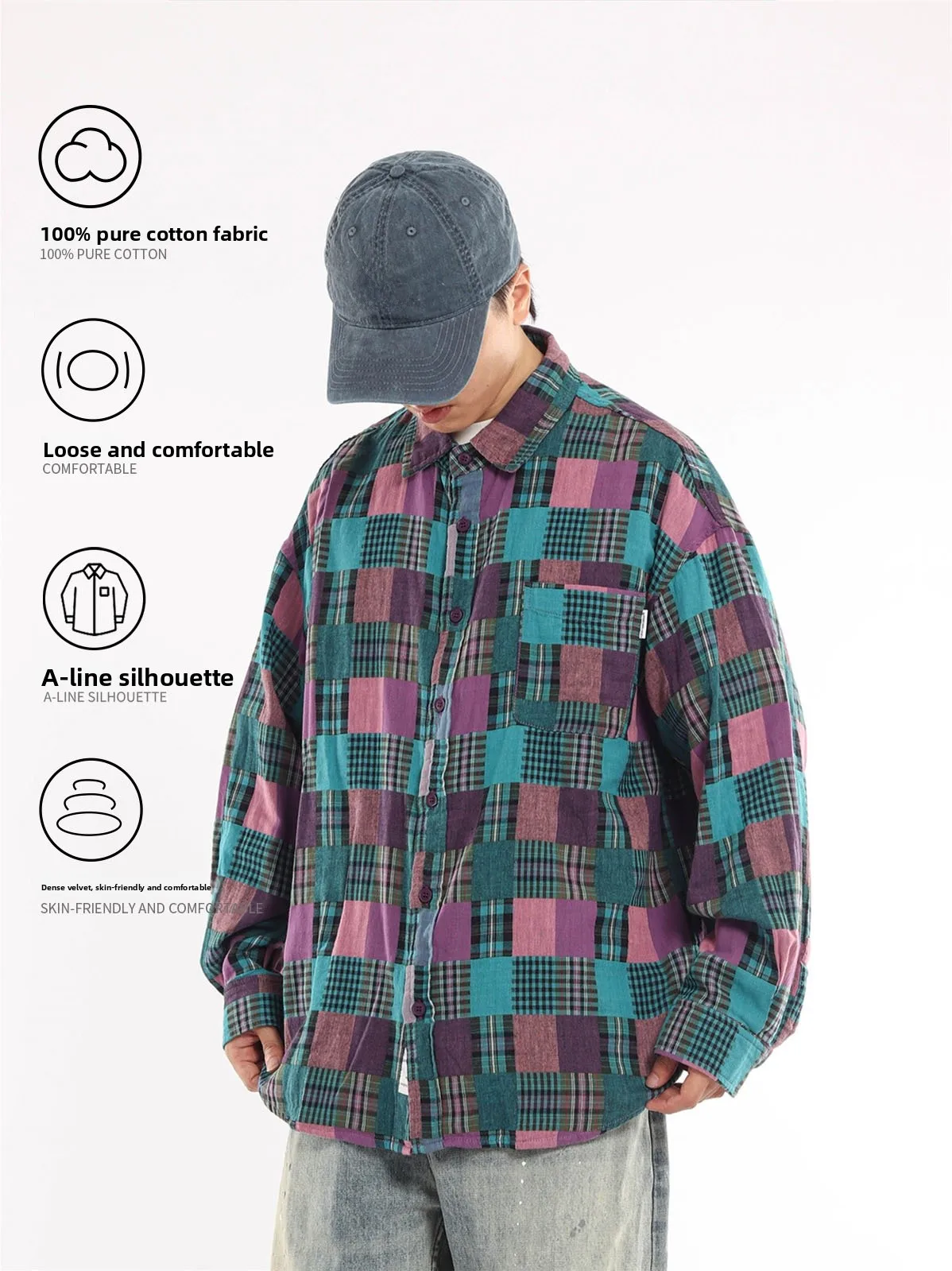 Retro Japanese Style Loose Cotton Long Sleeve Shirt Men's Workwear Shirt Pure Cotton Gingham Patterned Loose Fit Shirt