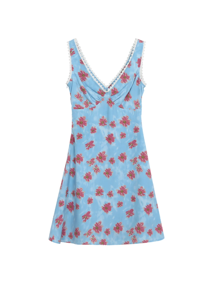 Blaue Spitze V-Ne Sommer Dr Damen Träger Hohe Taille A-Linie Rock Lässig Pendeln Sle Polyesterfaser No Sve Dr