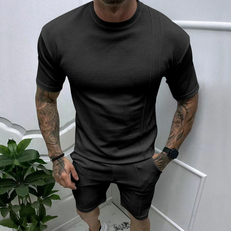 Summer New Men\'s Pullover Round Neck T-shirt Sports Casual Top Men\'s Short sleeved Shorts Set