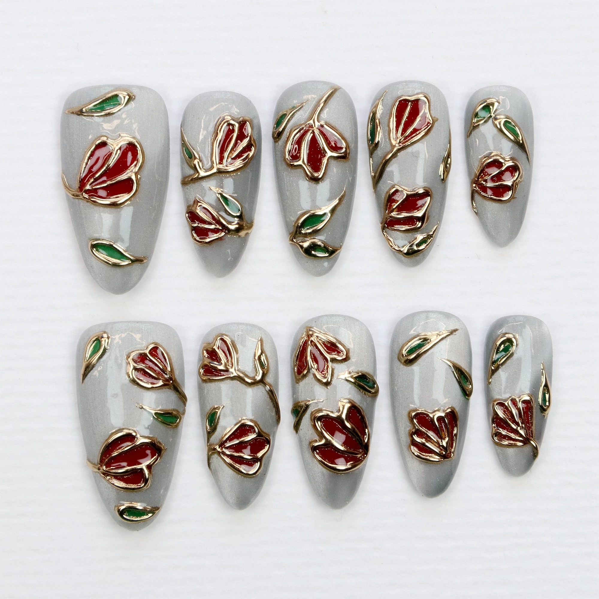 Vitrail de luxe à pression sur les ongles, or élégant, Nail Art rouge, vitrail Royal, Gel à paillettes œil de chat argenté coloré, 10 pièces