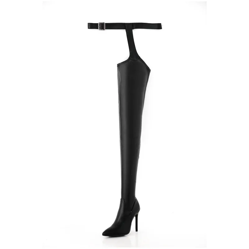 Women Chap Boots Stretch Zip Up Waist Belt Pointed Toe High Heels Boots Thigh High Shoes Sexy Ladies Stilettos Large Size 35-43