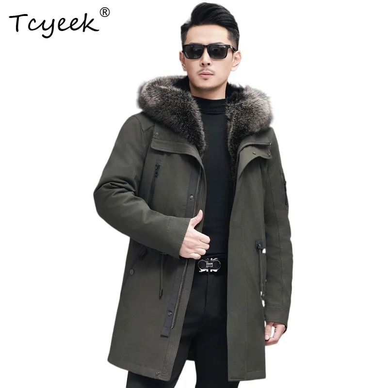 

Tcyeek Shearling Съемная норковая внутренняя подкладка Осень-зима Модная мужская парка средней длины с капюшоном и лацканами Пуховик Мужской