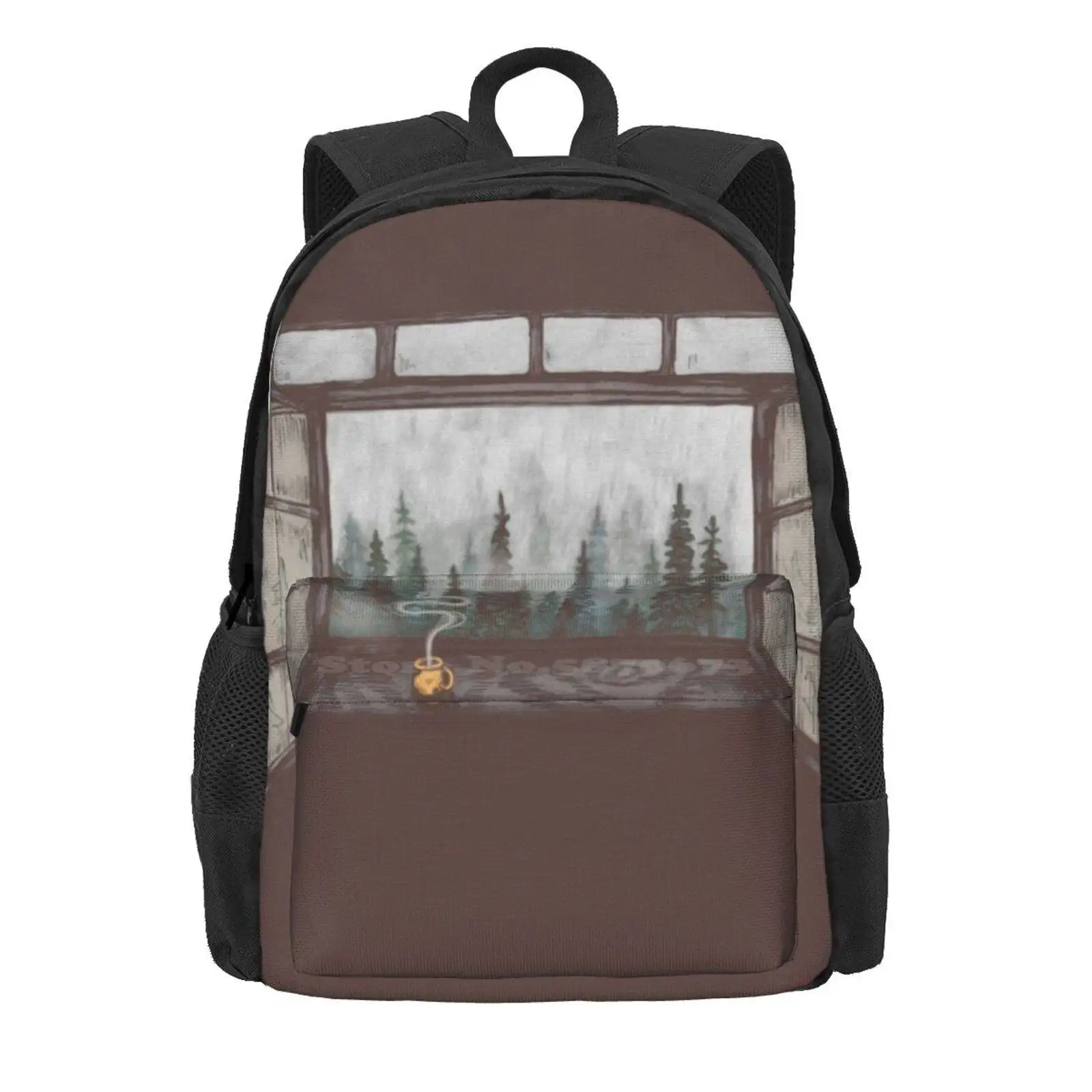 Foggy Forest Window || Cozy Fall Illustration Hot Sale Schoolbag Backpack Fashion Bags Fall Forest Coffee Rain Nature Cozy