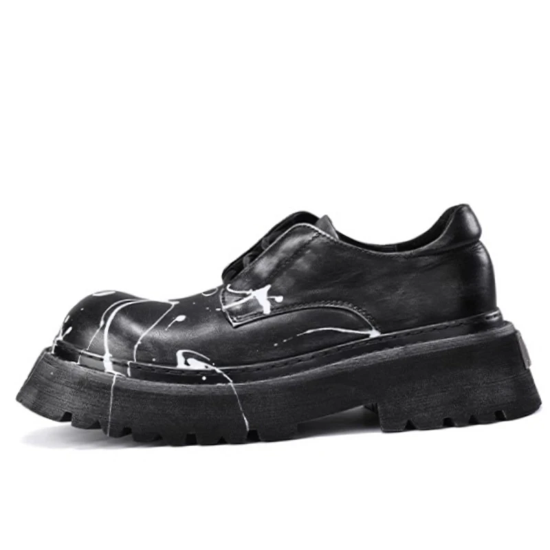 British Hand Drawn Graffiti Derby Shoes for Men's Genuine Leather Casual Lightweight Thick Bottom Height Increasing Shoes Male