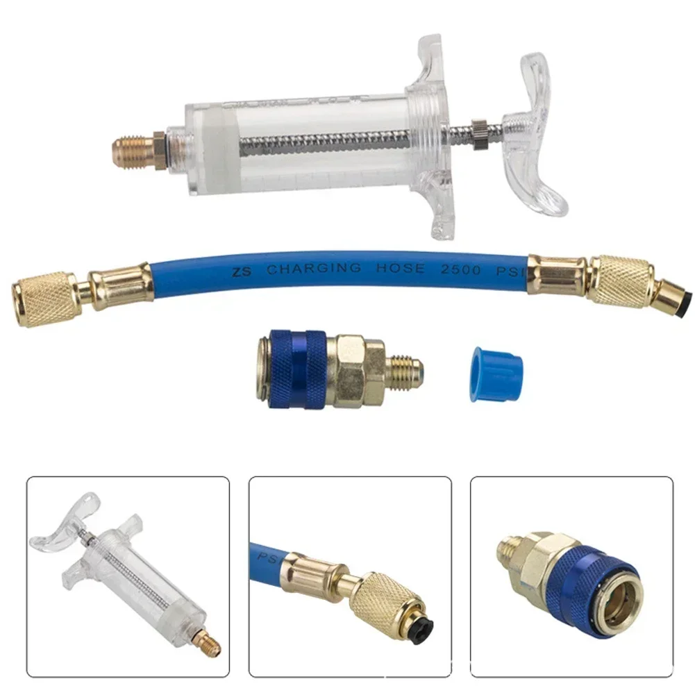 Car 1/4 Air Conditioning Automotive Oiler Injection Syringe 30Ml 1Oz A/C Oil/Dye Injector with Low Side Quick Coupler Adapter