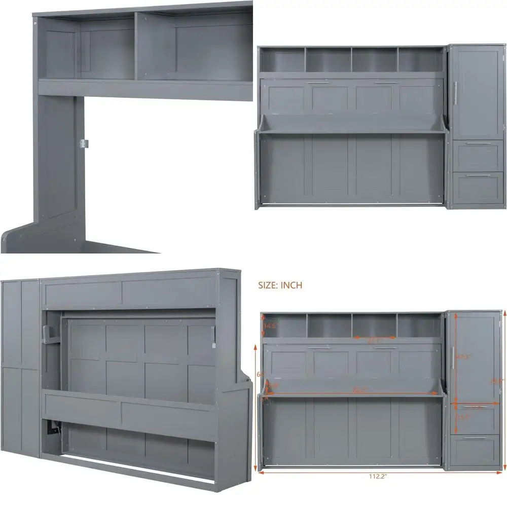 

Серая горизонтальная кровать-трансформер размера Queen с рабочим столом, шкафом и полками для хранения — компактное решение для спальни или офиса