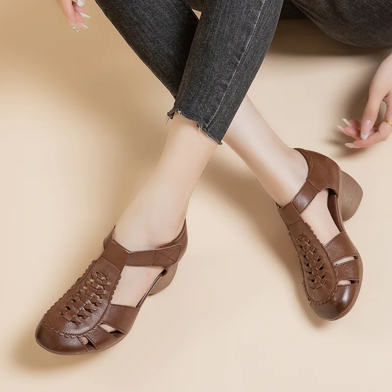CICIYANG Women's Sandals Genuine Leather 2025 Summer New Retro Soft Sole Anti-slip Hollow Out Weaving Female Mother Shoes Sandal