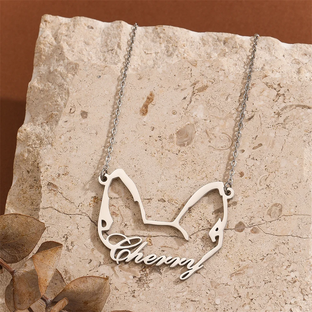 

Stainless Steel Personalized Chihuahua Ears Custom Dog Name Necklace For Women Men Silver Jewelry Pet Lover Gift