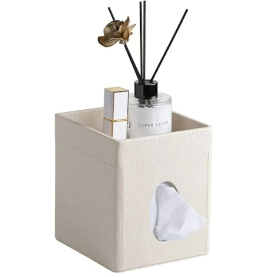 

Tissue Box Cover, PU Leather Square Tissue Box Holder with Storage Tray for Bathroom Vanity Countertop Night Stands Bedroom Off