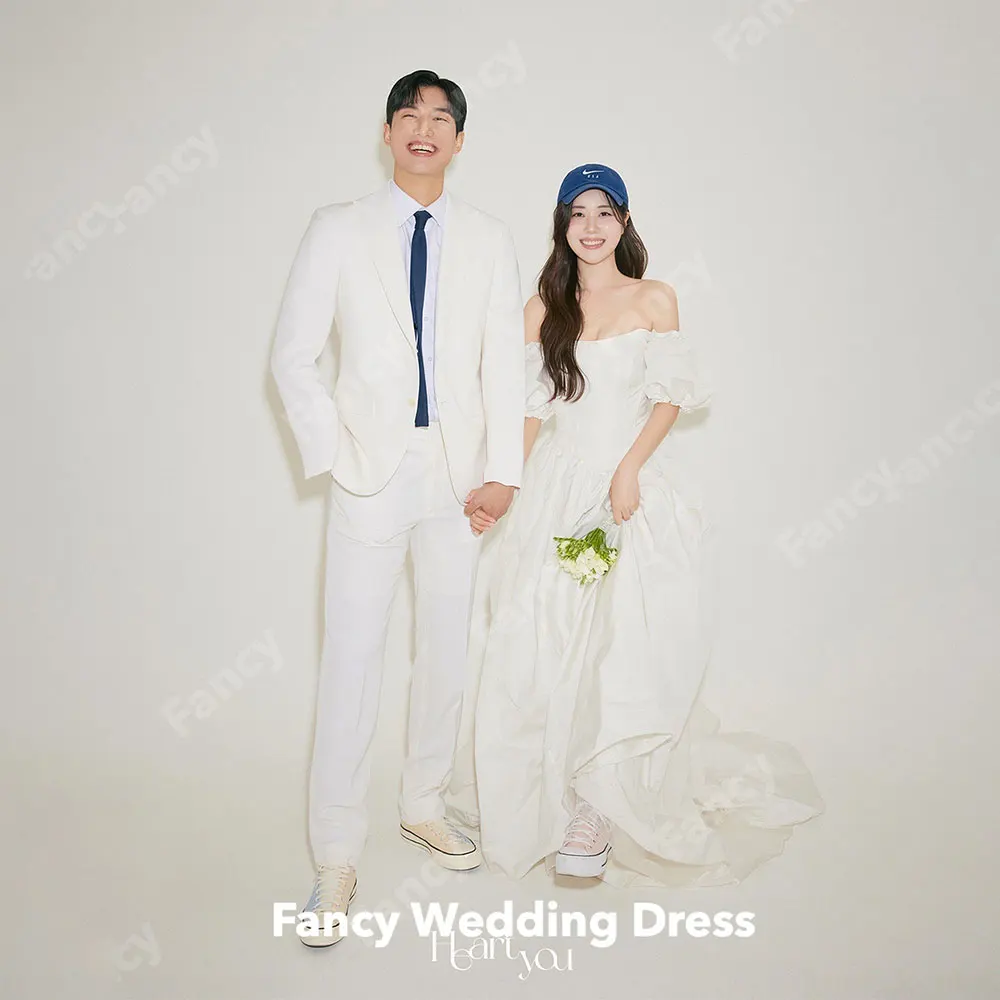 Fancy Simple A Line Korea Wedding Dress Photo Shoot Off Shoulder Taffeta Bridal Gown Evening Party Dresses customized