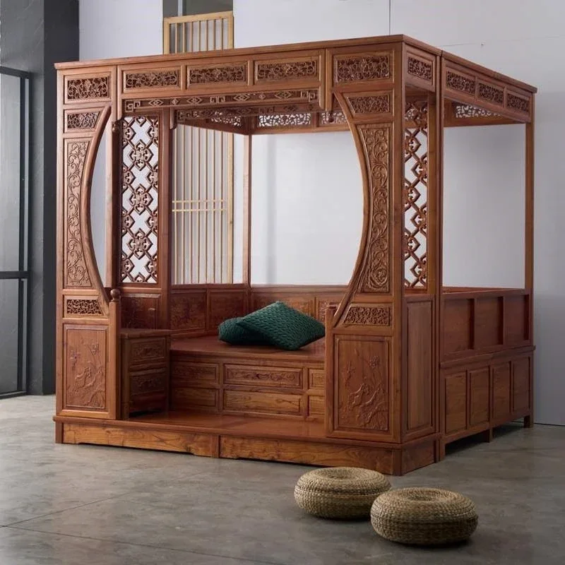 Antique solid wood bed, Chinese furniture two-meter double bed, pedal classical carved bed
