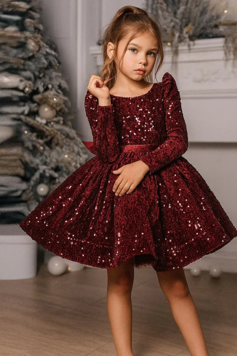 Vestido de fiesta infantil con lentejuelas color burdeos, elegante traje navideño para niñas, vestidos de niña de flores para bodas, vestido de princesa de noche