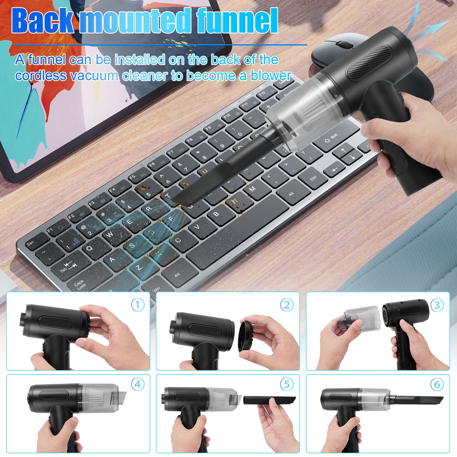 Imagem -05 - Aspirador de Carro sem Fio Aspirador Portátil Sucção Forte Mini Aspirador para Casa Carro Escritório 68w 6300pa