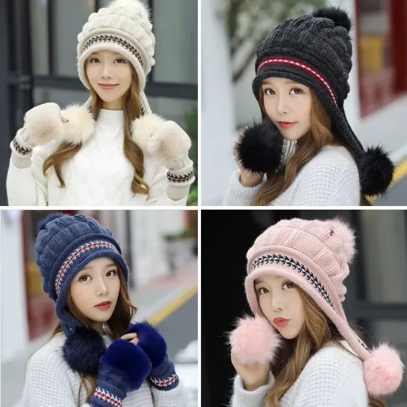 Women's Fashion Winter Beanie Hats with Earflaps & Gloves Set Casual Beret Knitted Beanies Caps Pink Red Neck Ear Warmer G009