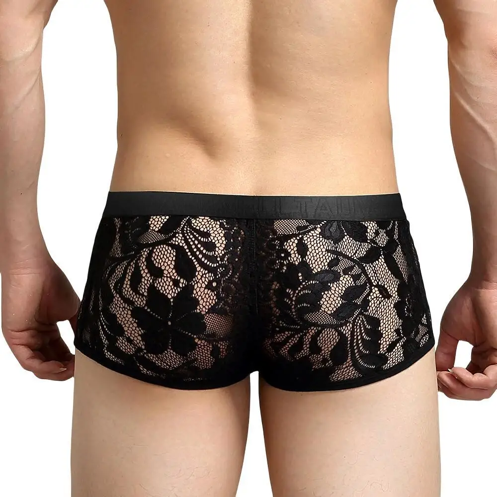 Sexy Mens Boxers Lace Transparent Mesh Underwear Underpants See Through Boxershorts Low Waist Panties Boxer for Man