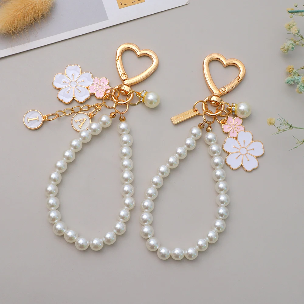 Lovely Cherry Blossoms Fan Keychain Pearl Chain Letter Pendant Women Car Key Ring Headphone Case Charms Bag Decor Accessories