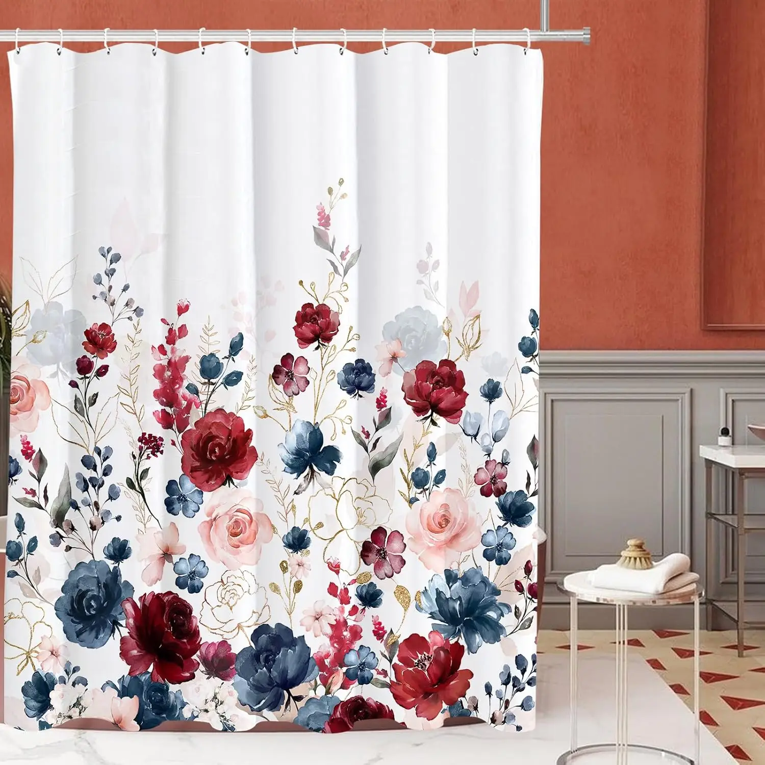 Watercolor Rose Shower Curtain – Navy, Red & Pink Blooms with Gold Accents, Elegant Floral Bathroom Decor