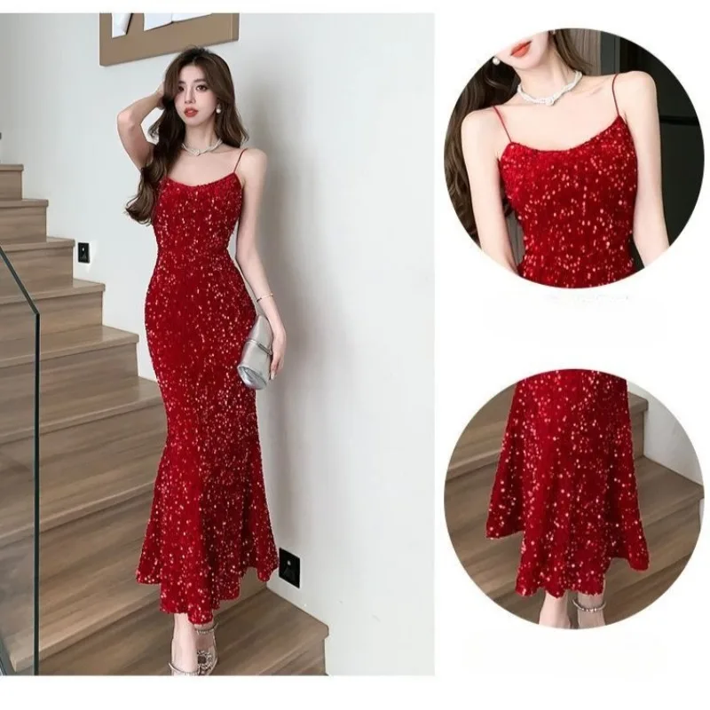 High Quality High Appearance Level 2026 Spring Long Suspender Shiny Sexy Hip Wrap Waist Thin Birthday Party Dress Temperament