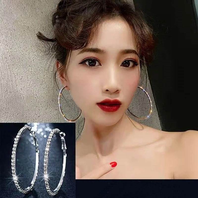 30-80mm Big Hoop Earrings For Women Girls Circle Crystal Rhinestone Earrings Black Gold Silver Color Round Earings Party Gift