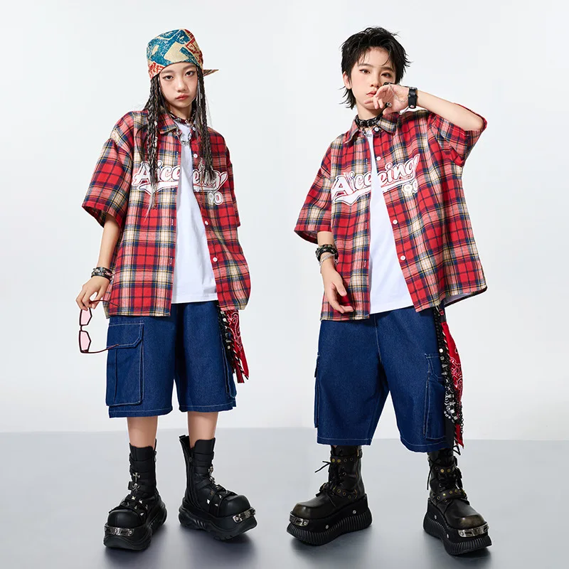 Boys Ballroom Hip Hop Dance Costumes Girls Loose Plaid Shirt Denim Shorts Set Fashion Streetwear Group Jazz Performance Wear