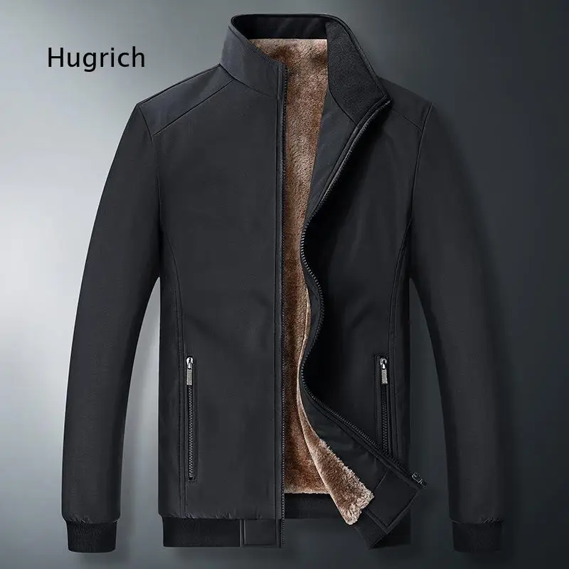 Male Solid Black Warm Stand Collar Jacket Full Zip Zipper Pockets Ribbed Cuff Hem Thermal Fall Winter Daily Outer Coat