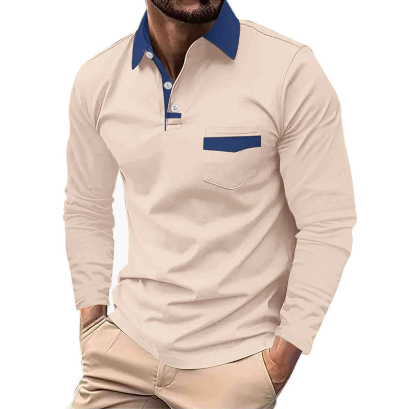 Men New Spring Autumn Fashion Long Sleeve Lapel Polo Shirt Big Pocket Stitching Sport Tops Polo Shirt