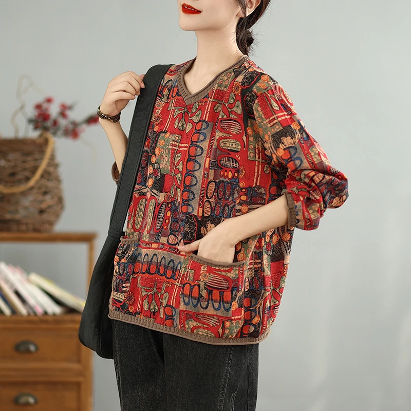 Soft plus Size V-Neck Cotton Linen Print T-Shirt Loose Versatile Top Thin Long Sleeve Shirt Button Ladies Fashion Pear Shape