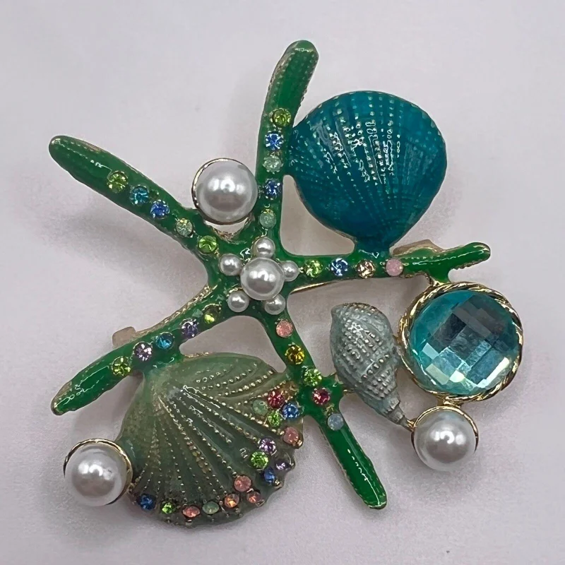Korean Fashion Enamel Starfish Shell Brooch Retro Men\'s and Women\'s Marine Life Clothing Pin Accessories Pearl Breastflower