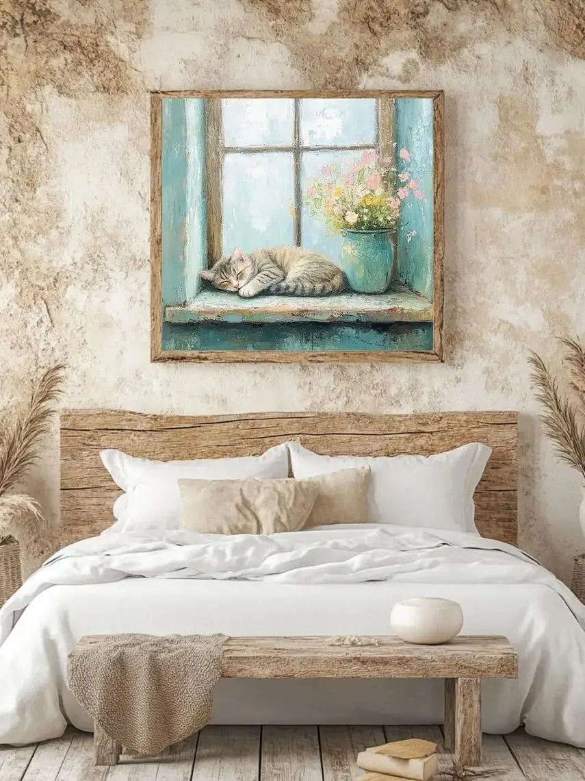 Art mural de chat de style ferme, toile encadrée rustique de style campagnard, œuvre d'art carrée avec cadre en bois, décoration de chat de style chalet, décoration murale de style ferme