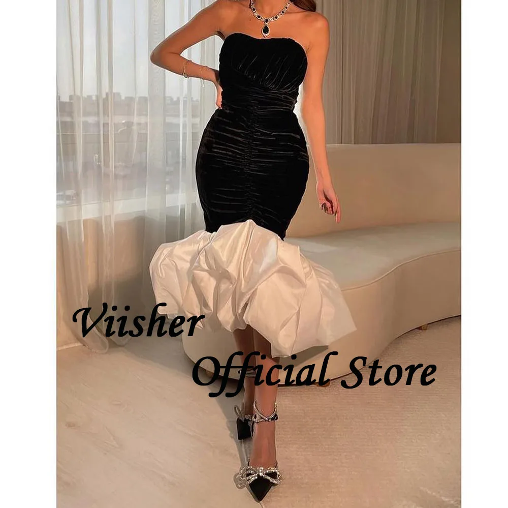 Viisher-Vestidos De Noite Sereia, Pregas De Cetim, Querida, Vestido de Festa Árabe, Comprimento Chá, Vestidos De Noite Dubai, Preto e Branco