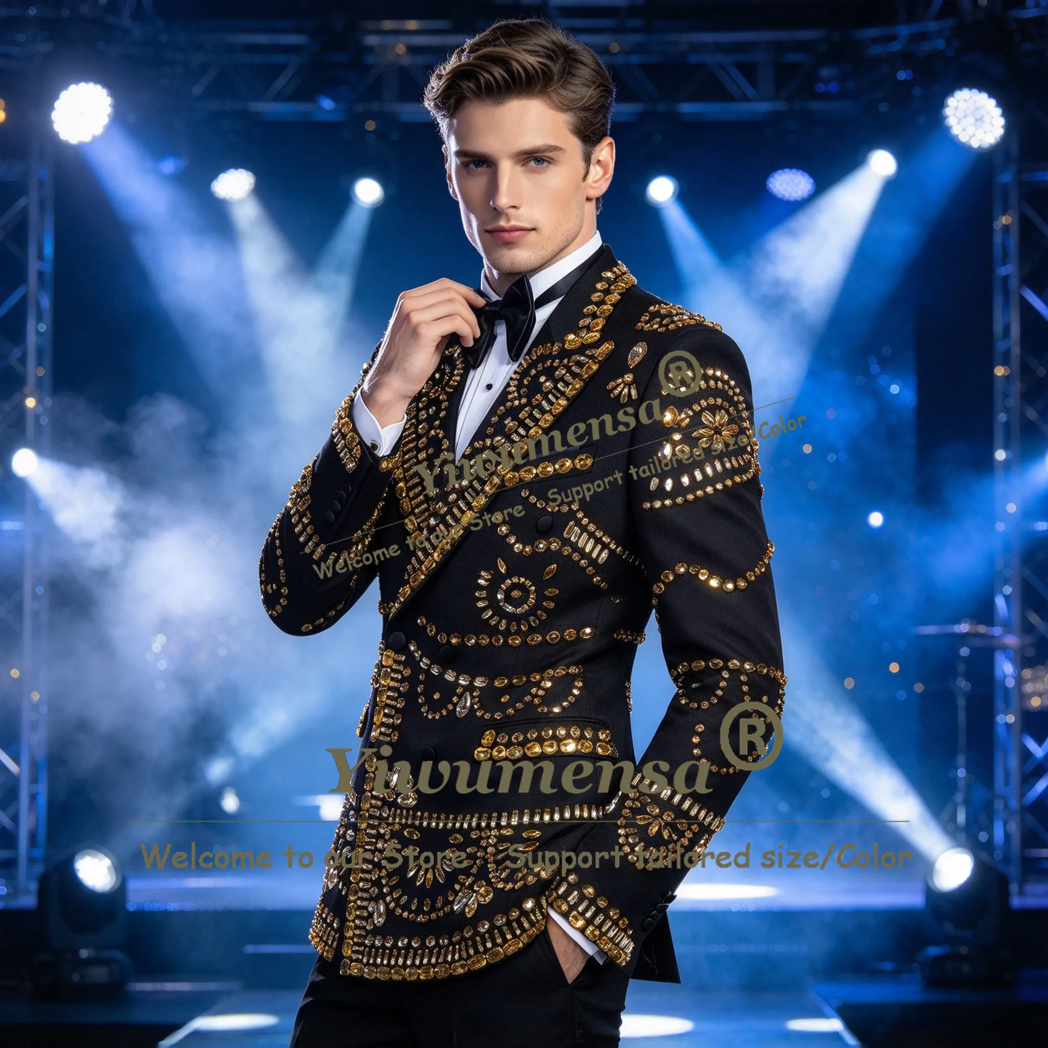Exclusive Men's Suit For Wedding Diamond Stones Double Breated Jacket Trousers 2 Piece Sets Groom Tuxedo Man Red Carpet Outfit