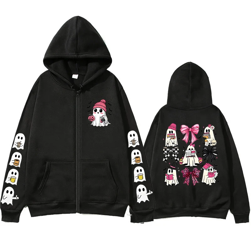 Spooky Boo Ghost Print Zipper Men Women Hoodie Fashion Halloween Party Graphic Casual Zip Up Outerwears Coats Fleece Sweatshirts