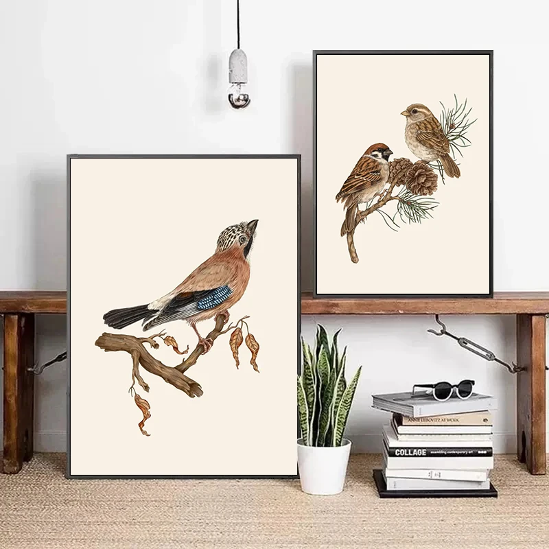 Retro Neutral Animal Garden Snail Goldfinch Mouse on Hawthorn Birds Branches Art Poster Canvas Painting and Prints Home Decor