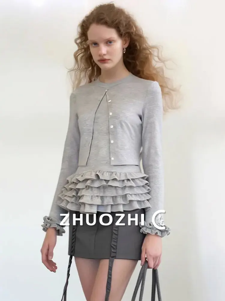 

ay Splice T-irt with Lace Design Casual Button up Top by ZhuoZhi Spring 2026 New Sle French Sle Soft Knitted Sweater